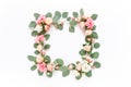 Wreath frame made of branches eucalyptus, pink roses and leaves isolated on white background. lay flat, top view Royalty Free Stock Photo