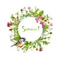 Wreath frame - summer flowers, bird, butterflies. Watercolor card, round border Royalty Free Stock Photo