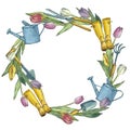 Spring wreath from a set of garden tools and tulips. watercolor illustration. spring set Royalty Free Stock Photo
