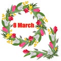 Wreath and garland of white and pink tulips, daffodils and Mimosa with the inscription March 8 isolated on a white background
