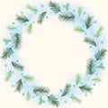 Wreath with green and blue colored watercolor painted flowers for Christmas, clipart on a white background Royalty Free Stock Photo