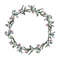 A wreath of green flowering succulents. Cute house plants. High quality watercolor illustration