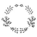 Hand drawn thin line wreath with leaves and branches.