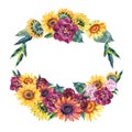 A wreath with hand drawn watercolor flowers roses, peonies, sunflowers, and tulips and butterflies, with copyspace