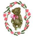 Wreath with hand-painted soft plush toy teddy bear and pink flowers