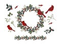 Wreath and Holly and mistletoe and bird Northern cardinal