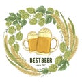 Wreath with hops, wheat and glasses of beer. Floral composition with cones, leaves and branches. Royalty Free Stock Photo