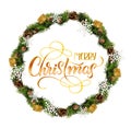Wreath isolated over white background with text Merry Christmas. Calligraphy lettering Royalty Free Stock Photo