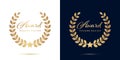 Wreath laurel. Gold icon award on white and blue background. Winner golden circle. Victory round crown. Vector illustration Royalty Free Stock Photo