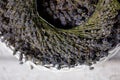 A wreath of lavender flowers in a white basket with selective focus on a blurred background. Copy space Royalty Free Stock Photo