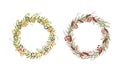 Wreath of leaves and berries set. Beautiful rustic round wreaths made of branches, autumn berries and cones. Invitation