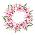 Wreath of lily flowers. Floral background. Lilies. Green leaves. Border. Flower pattern. Isolated on white background