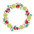 Wreath with lime slices, cowberries. Citrus, red berries, green leaves. Tropical fruit and forest berry. Watercolor Royalty Free Stock Photo
