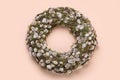 Wreath made of beautiful willow flowers on beige background, top view Royalty Free Stock Photo