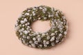 Wreath made of beautiful willow flowers on beige background Royalty Free Stock Photo