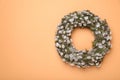 Wreath made of beautiful willow flowers on orange background, top view. Space for text Royalty Free Stock Photo