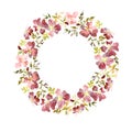 Wreath made of gentle red flowers and green and yellow leaves. Brier twig on white background. Round shape. Watercolor painting.