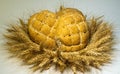 The wreath is made of wheat ears in it two freshly baked bread, with their own hands, golden ears of arms