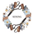 A wreath made from the working tools of a seamstress or tailor. Round frame made of buttons, needles, fabric, scissors