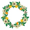 Wreath with passionflower, passiflora, orange,yellow fruit. Floral frame on white background