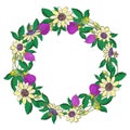 Wreath with passionflower, passiflora, violet fruit. Floral frame on white background