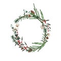 Wreath with pine branches and red berries, cotton and pine cones. Round frame for Christmas cards and winter design illustration.