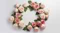 Wreath of pink and white roses on white background, top view. AI Generated