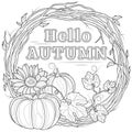 Wreath with pumpkins and sunflowers. Hello autumn.Coloring page antistress for adults.