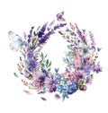 Wreath with purple and lilac watercolor flowers. Vector illustration
