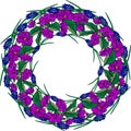 Wreath of purple sakura flowers and blue spring flowers, empty s