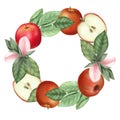 Wreath of red apples, flowers and leaves