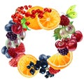 Wreath of currant berries, raspberry, strawberry, orange, cherry, grape, blackberry, gooseberry