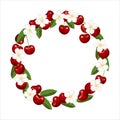 Wreath of red cherry berry, green leaves and flowers. Fruit frame, border.