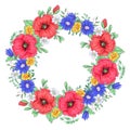 A wreath of red poppies and daisies. Hand drawing Vector illustration