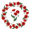 Wreath with red poppy flowers. Round floral frame. Papaver. Green stems and leaves. Hand drawn vector illustration Royalty Free Stock Photo