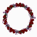 Wreath of red roses and lilac ribbons