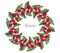 Wreath red rowan tree. Ornament twig of rowanberry or ashberry. decorative element circlet leaves and cluster of sorbus berry. Gar