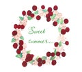 Wreath of ripe bards of cherries with leaves and white flowers with an inscription sweet summer