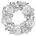 A wreath of rose flowers, berries, intertwined branches and leaves. Vector coloring book for adults