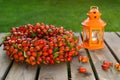 Wreath of rose hips on a wooden background Royalty Free Stock Photo