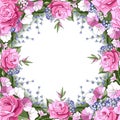 Wreath with rose, leaves, lavender. Round flower frame. Floral motif border. Editable template for design. Vector