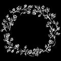 Wreath of roses or peonies flowers and branches isolated on black background. Foral frame design elements for invitations, Royalty Free Stock Photo