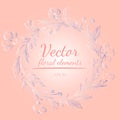 Wreath of roses or peonies flowers and branches with your pink, living coral, moody blue and white gradient colors. floral frame