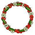 Wreath or Round Frame with Red Tomato and Green Cucumber or Gherkin and Cucumber round Slices with Seeds. Ripe Vegetable. Healthy