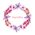 Wreath, round frame with watercolor purple dragonflies, pink flowers and branches