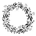 Wreath of simple graphic wildflowers and leaves isolate on white background