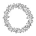 Wreath of simple graphic wildflowers and leaves isolate on white background