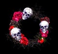 Wreath with skulls, red roses, black branches. Watercolor border for Halloween