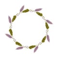 A wreath of spikelets in pastel lilac and green tones on a white background.