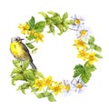 Wreath - spring bird, meadow flowers, grass. Floral watercolor frame